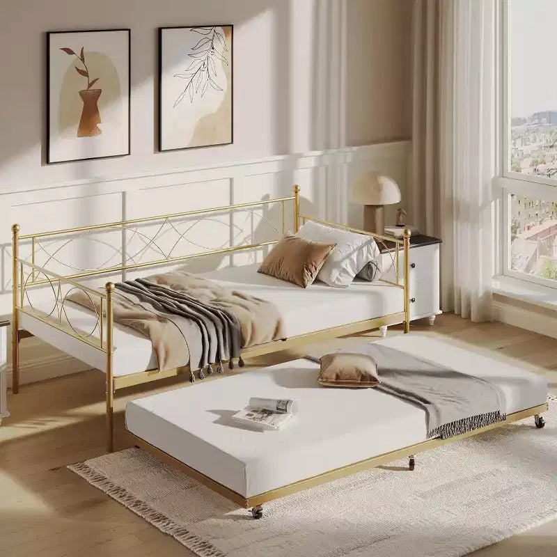 Cama nido doble de metal con colchón adicional, estructura resistente, ruedas con freno y listones de metal. Ideal para dormitorio, habitación de invitados o sala de estar.
