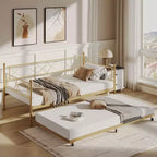 Cama nido doble de metal con colchón adicional, estructura resistente, ruedas con freno y listones de metal. Ideal para dormitorio, habitación de invitados o sala de estar.