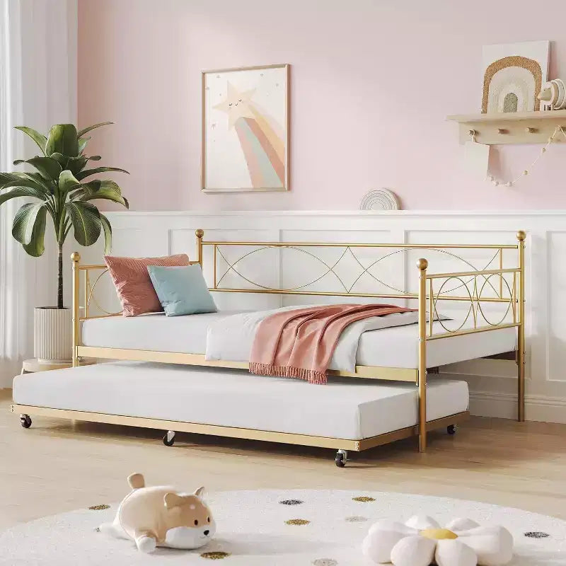 Cama nido doble de metal con colchón adicional, estructura resistente, ruedas con freno y listones de metal. Ideal para dormitorio, habitación de invitados o sala de estar.
