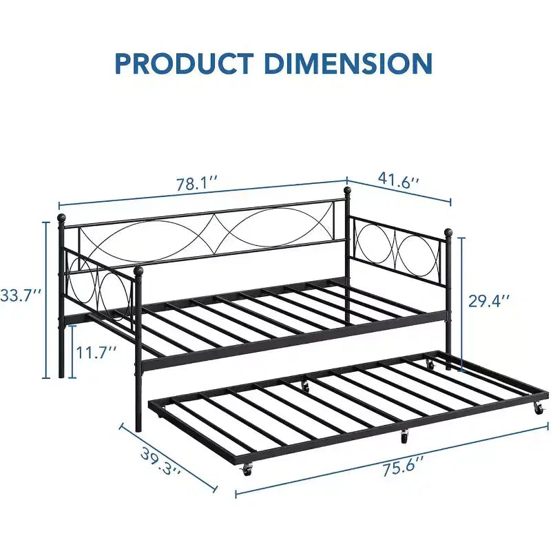 Cama nido doble de metal con colchón adicional, estructura resistente, ruedas con freno y listones de metal. Ideal para dormitorio, habitación de invitados o sala de estar.