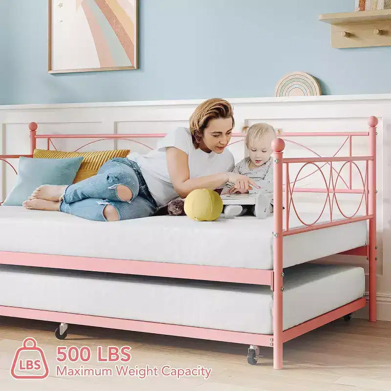Cama nido doble de metal con colchón adicional, estructura resistente, ruedas con freno y listones de metal. Ideal para dormitorio, habitación de invitados o sala de estar.