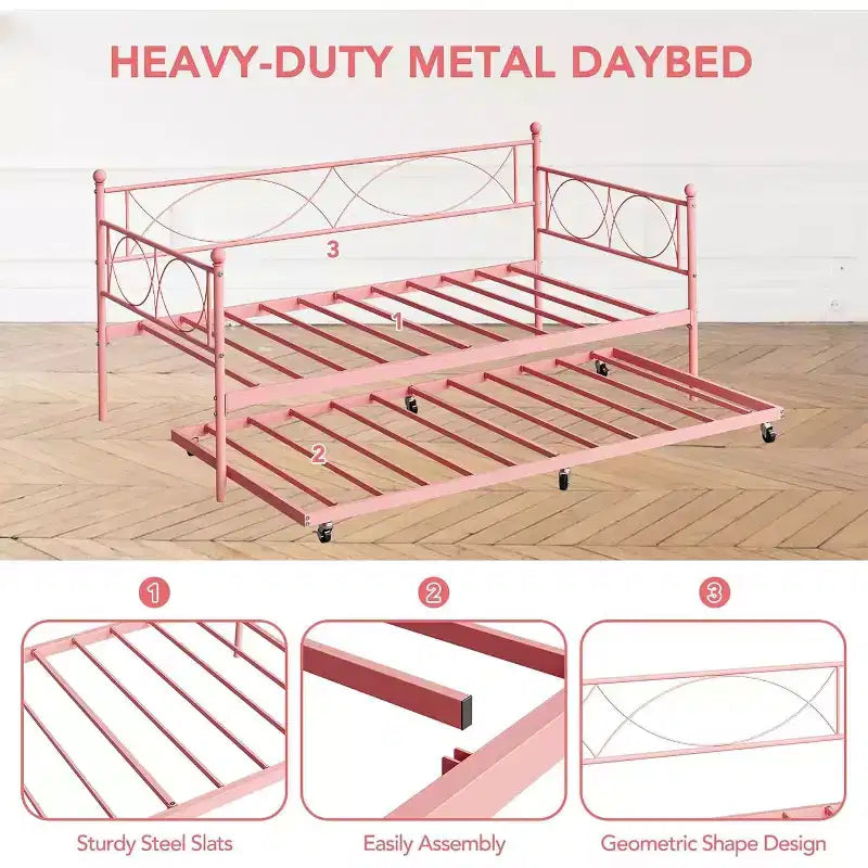 Cama nido doble de metal con colchón adicional, estructura resistente, ruedas con freno y listones de metal. Ideal para dormitorio, habitación de invitados o sala de estar.