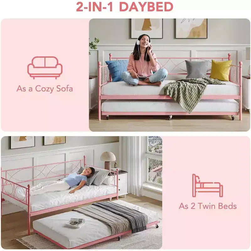 Cama nido doble de metal con colchón adicional, estructura resistente, ruedas con freno y listones de metal. Ideal para dormitorio, habitación de invitados o sala de estar.