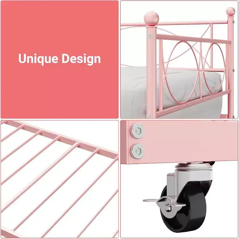 Cama nido doble de metal con colchón adicional, estructura resistente, ruedas con freno y listones de metal. Ideal para dormitorio, habitación de invitados o sala de estar.