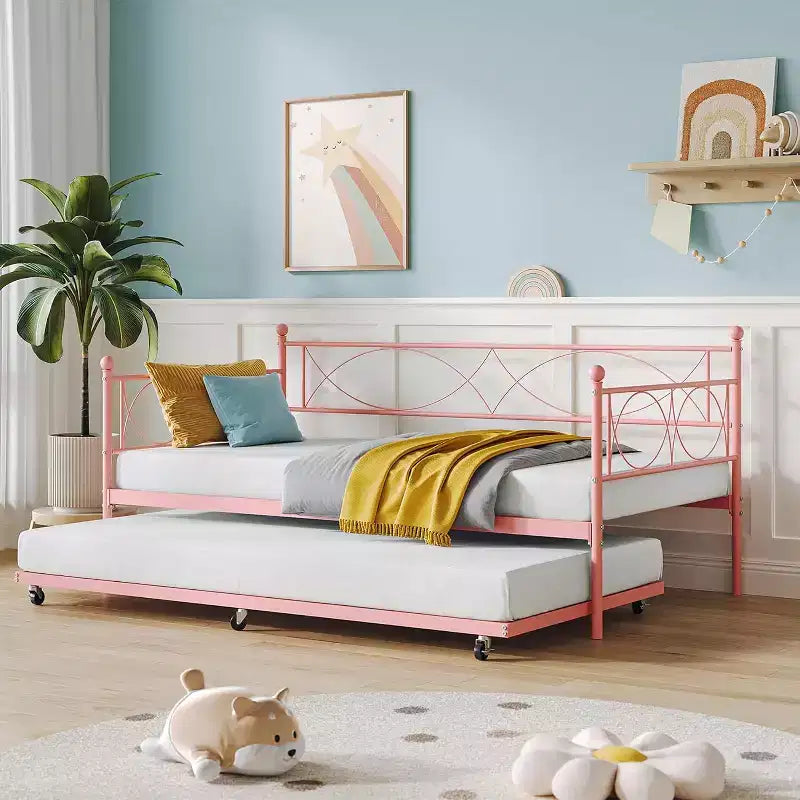 Cama nido doble de metal con colchón adicional, estructura resistente, ruedas con freno y listones de metal. Ideal para dormitorio, habitación de invitados o sala de estar.
