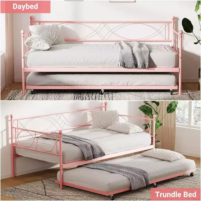 Cama nido doble de metal con colchón adicional, estructura resistente, ruedas con freno y listones de metal. Ideal para dormitorio, habitación de invitados o sala de estar.