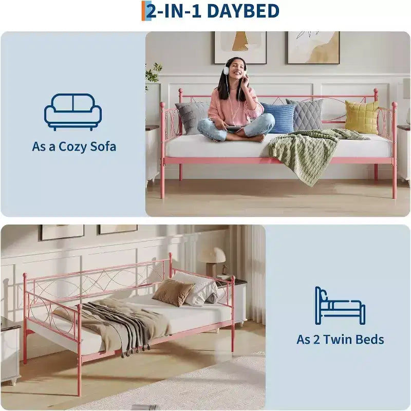 Cama nido doble de metal con colchón adicional, estructura resistente, ruedas con freno y listones de metal. Ideal para dormitorio, habitación de invitados o sala de estar.