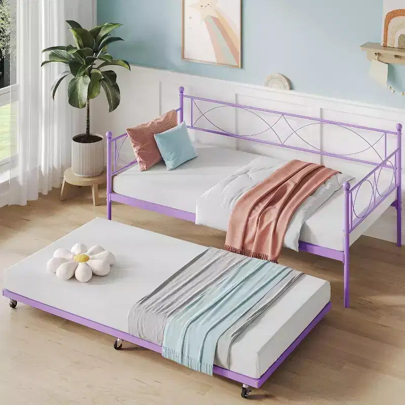 Cama nido doble de metal con colchón adicional, estructura resistente, ruedas con freno y listones de metal. Ideal para dormitorio, habitación de invitados o sala de estar.