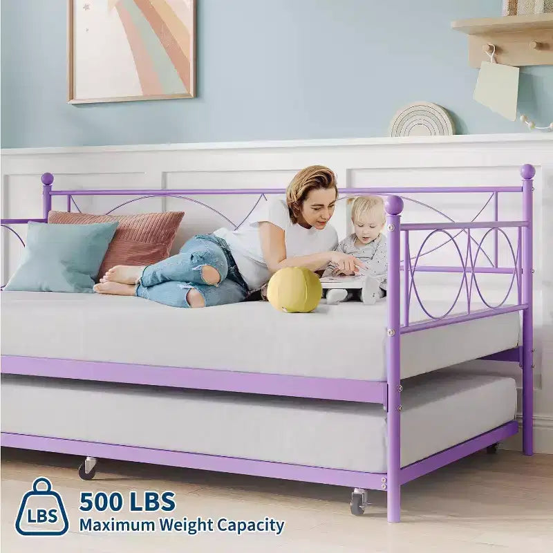 Cama nido doble de metal con colchón adicional, estructura resistente, ruedas con freno y listones de metal. Ideal para dormitorio, habitación de invitados o sala de estar.