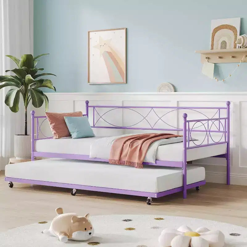 Cama nido doble de metal con colchón adicional, estructura resistente, ruedas con freno y listones de metal. Ideal para dormitorio, habitación de invitados o sala de estar.