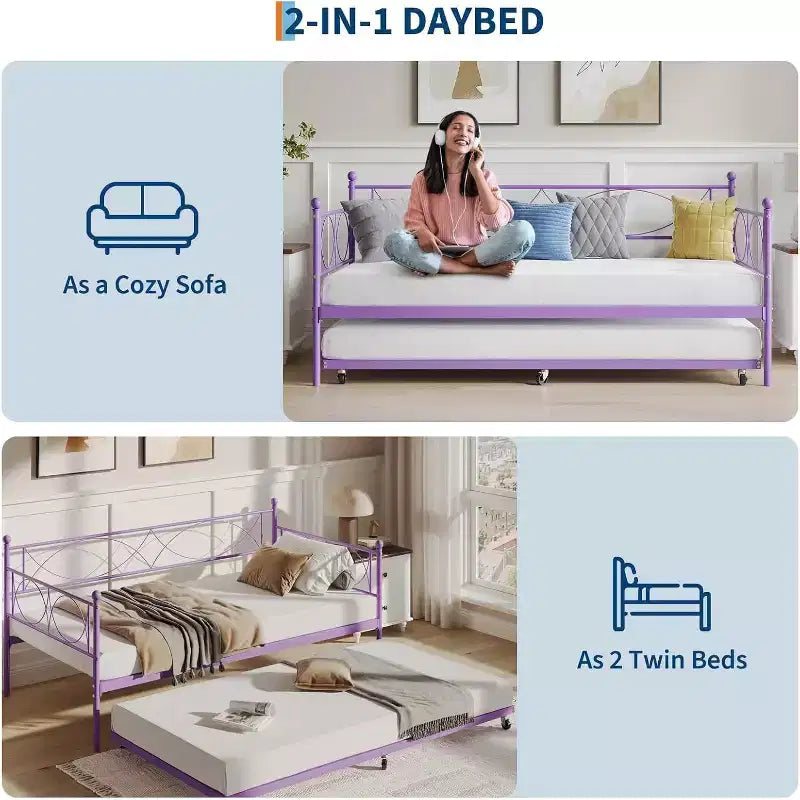 Cama nido doble de metal con colchón adicional, estructura resistente, ruedas con freno y listones de metal. Ideal para dormitorio, habitación de invitados o sala de estar.