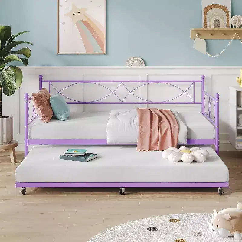 Cama nido doble de metal con colchón adicional, estructura resistente, ruedas con freno y listones de metal. Ideal para dormitorio, habitación de invitados o sala de estar.