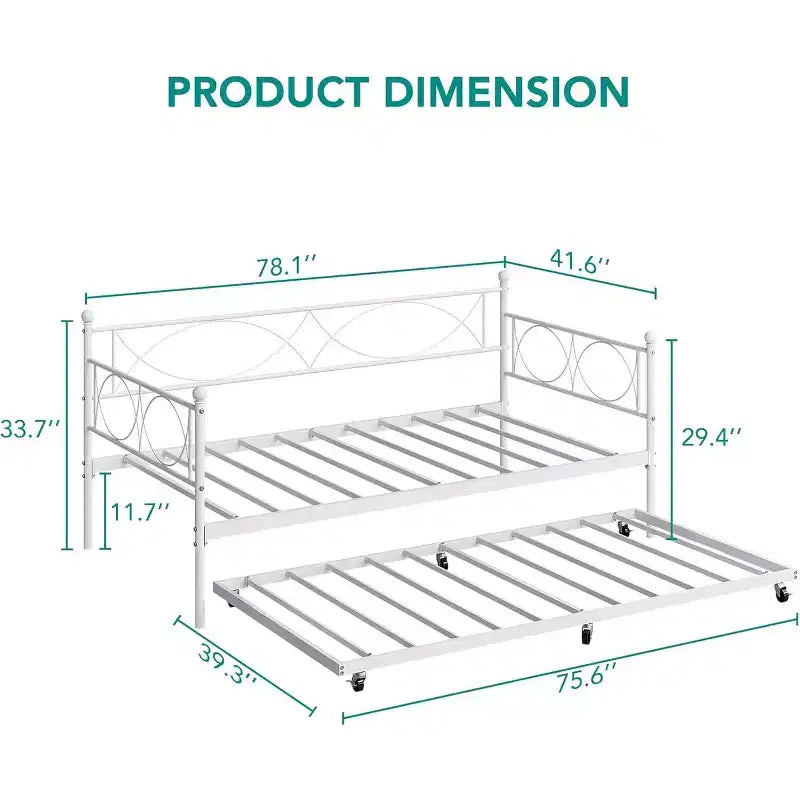 Cama nido doble de metal con colchón adicional, estructura resistente, ruedas con freno y listones de metal. Ideal para dormitorio, habitación de invitados o sala de estar.
