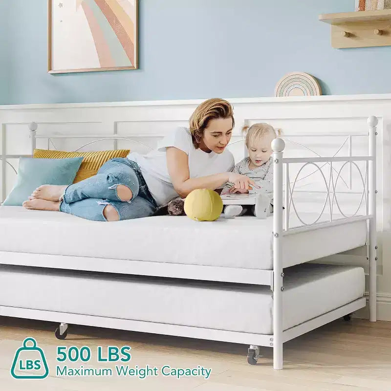Cama nido doble de metal con colchón adicional, estructura resistente, ruedas con freno y listones de metal. Ideal para dormitorio, habitación de invitados o sala de estar.