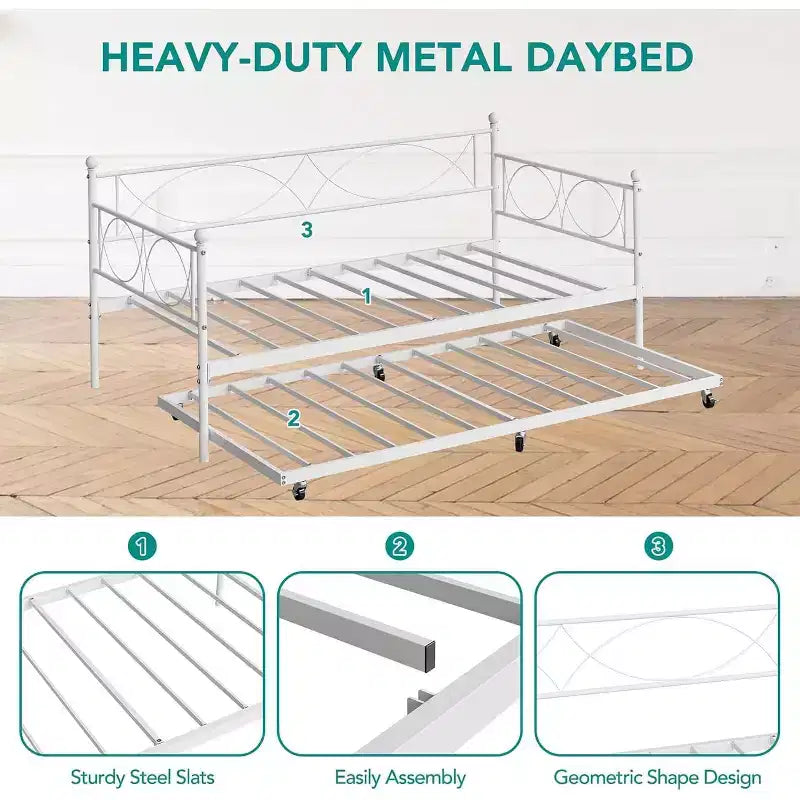 Cama nido doble de metal con colchón adicional, estructura resistente, ruedas con freno y listones de metal. Ideal para dormitorio, habitación de invitados o sala de estar.
