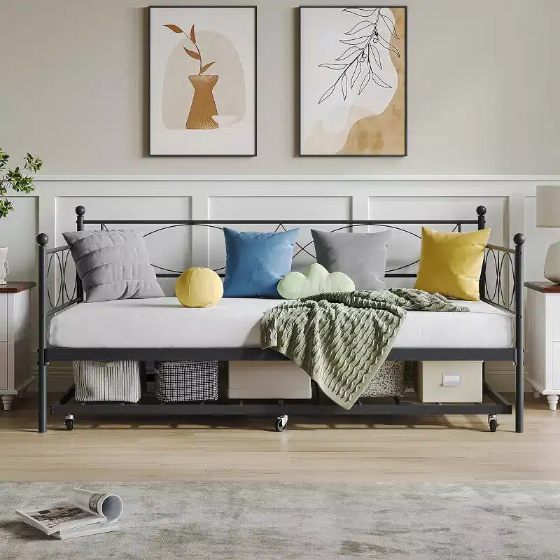 Cama nido doble de metal con colchón adicional, estructura resistente, ruedas con freno y listones de metal. Ideal para dormitorio, habitación de invitados o sala de estar.