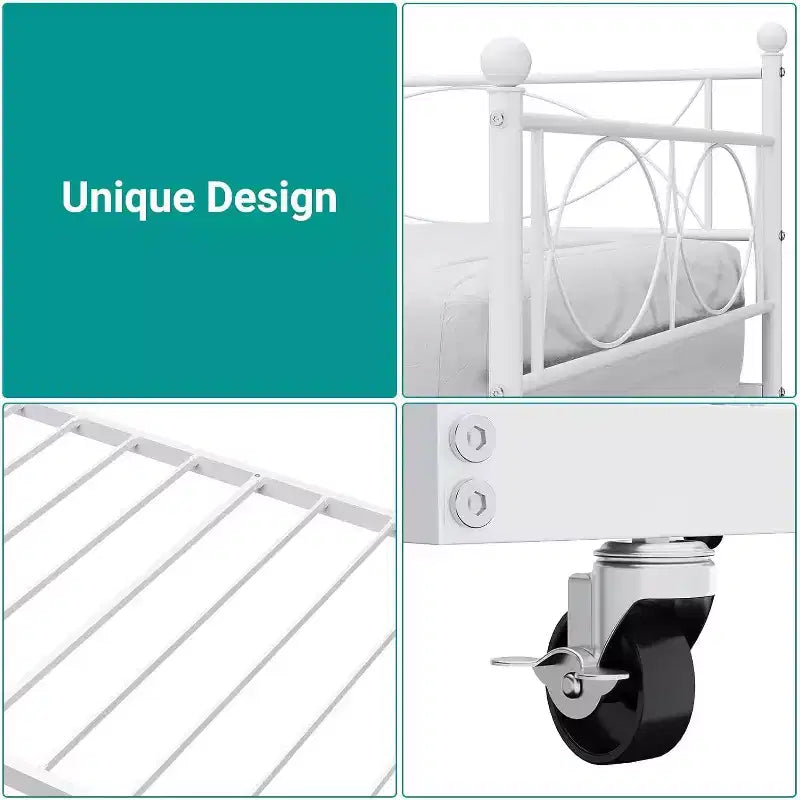 Cama nido doble de metal con colchón adicional, estructura resistente, ruedas con freno y listones de metal. Ideal para dormitorio, habitación de invitados o sala de estar.