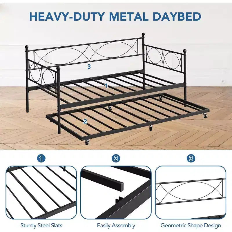 Cama nido doble de metal con colchón adicional, estructura resistente, ruedas con freno y listones de metal. Ideal para dormitorio, habitación de invitados o sala de estar.