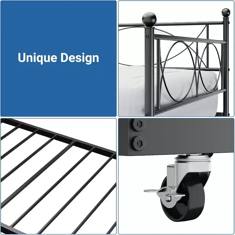 Cama nido doble de metal con colchón adicional, estructura resistente, ruedas con freno y listones de metal. Ideal para dormitorio, habitación de invitados o sala de estar.