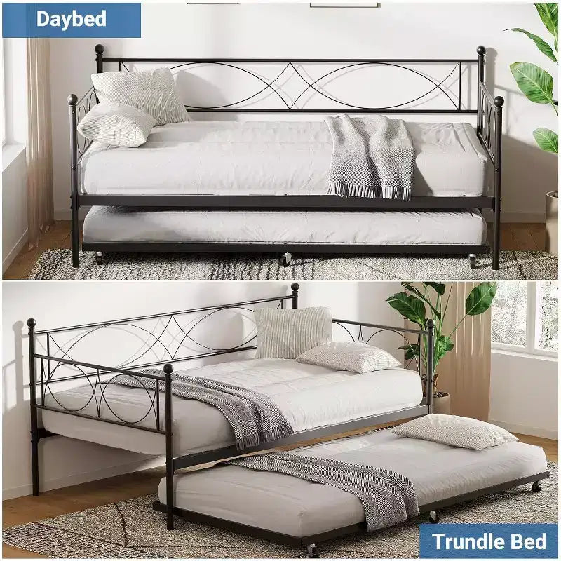 Cama nido doble de metal con colchón adicional, estructura resistente, ruedas con freno y listones de metal. Ideal para dormitorio, habitación de invitados o sala de estar.