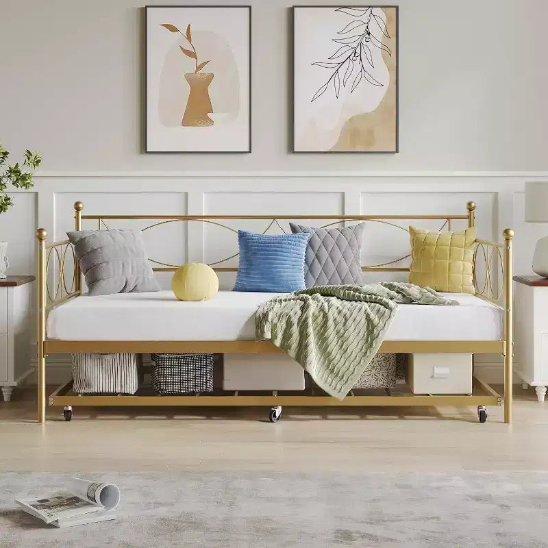 Cama nido doble de metal con colchón adicional, estructura resistente, ruedas con freno y listones de metal. Ideal para dormitorio, habitación de invitados o sala de estar.