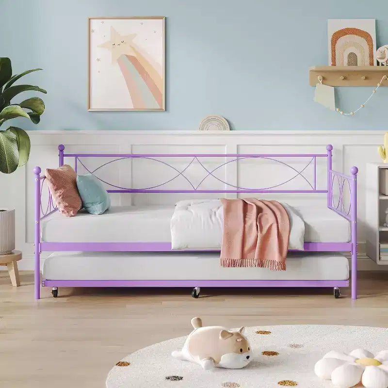 Cama nido doble de metal con colchón adicional, estructura resistente, ruedas con freno y listones de metal. Ideal para dormitorio, habitación de invitados o sala de estar.