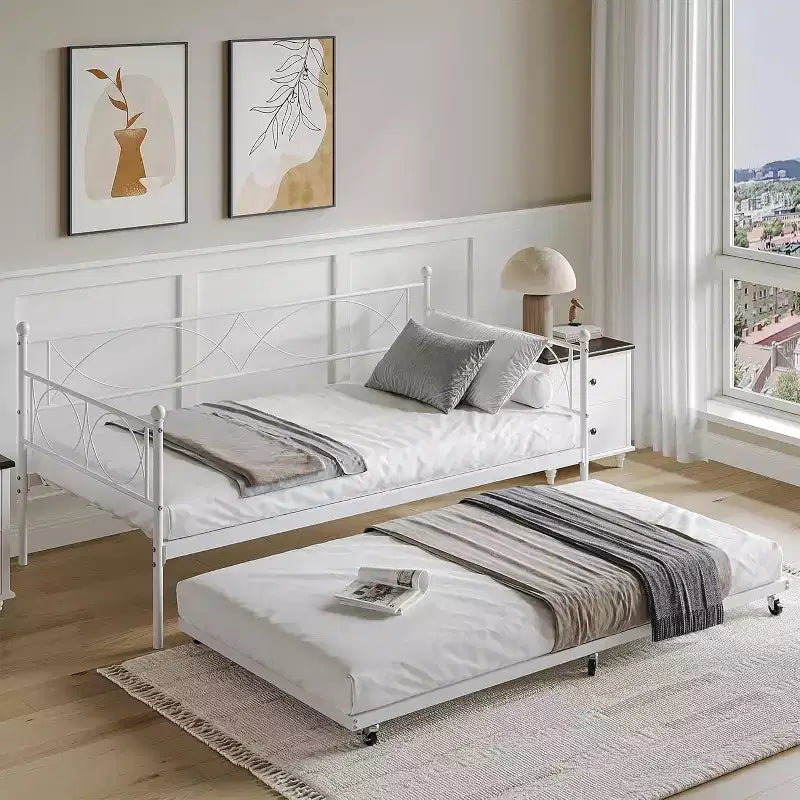 Cama nido doble de metal con colchón adicional, estructura resistente, ruedas con freno y listones de metal. Ideal para dormitorio, habitación de invitados o sala de estar.