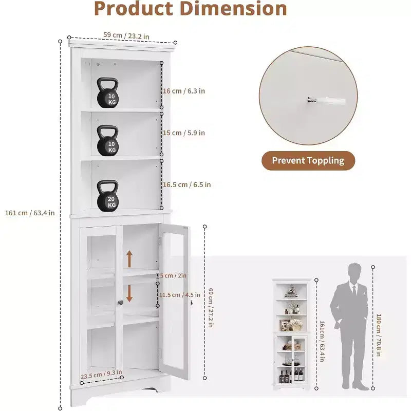 Armario esquinero, mueble de almacenamiento esquinero moderno de 65 pulgadas de alto para baño con puertas de vidrio y estantes ajustables, armario expositor de 5 niveles, ahorrador de espacio para el hogar