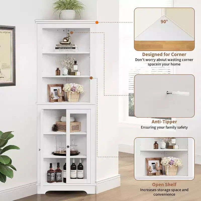 Armario esquinero, mueble de almacenamiento esquinero moderno de 65 pulgadas de alto para baño con puertas de vidrio y estantes ajustables, armario expositor de 5 niveles, ahorrador de espacio para el hogar