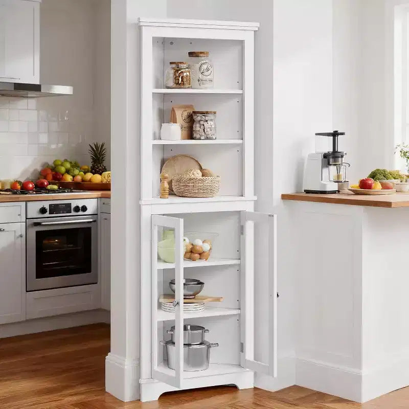 Armario esquinero, mueble de almacenamiento esquinero moderno de 65 pulgadas de alto para baño con puertas de vidrio y estantes ajustables, armario expositor de 5 niveles, ahorrador de espacio para el hogar