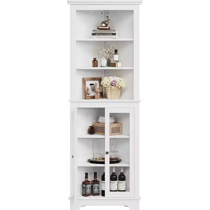 Armario esquinero, mueble de almacenamiento esquinero moderno de 65 pulgadas de alto para baño con puertas de vidrio y estantes ajustables, armario expositor de 5 niveles, ahorrador de espacio para el hogar
