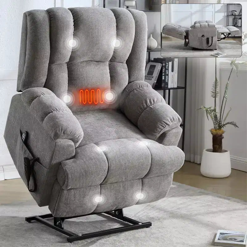 Sillones reclinables con doble motor, masaje térmico, posición infinita, hasta 158 kg, con elevación eléctrica.