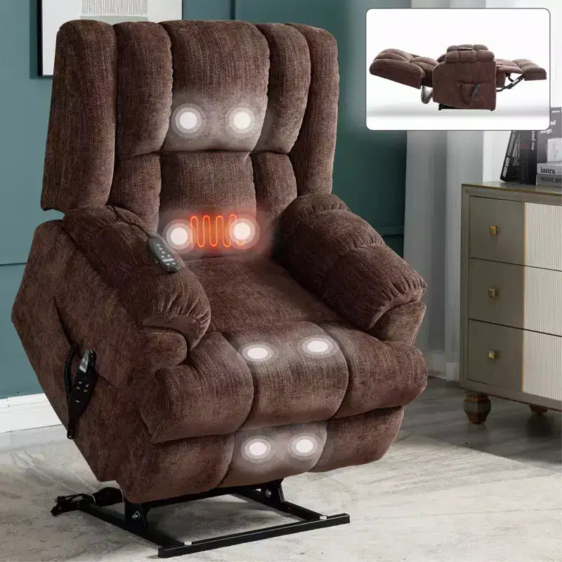 Sillones reclinables con doble motor, masaje térmico, posición infinita, hasta 158 kg, con elevación eléctrica.