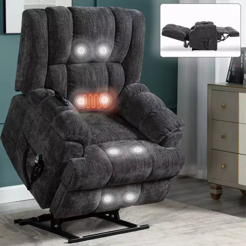 Sillones reclinables con doble motor, masaje térmico, posición infinita, hasta 158 kg, con elevación eléctrica.