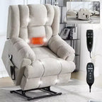 Sillones reclinables con doble motor, masaje térmico, posición infinita, hasta 158 kg, con elevación eléctrica.