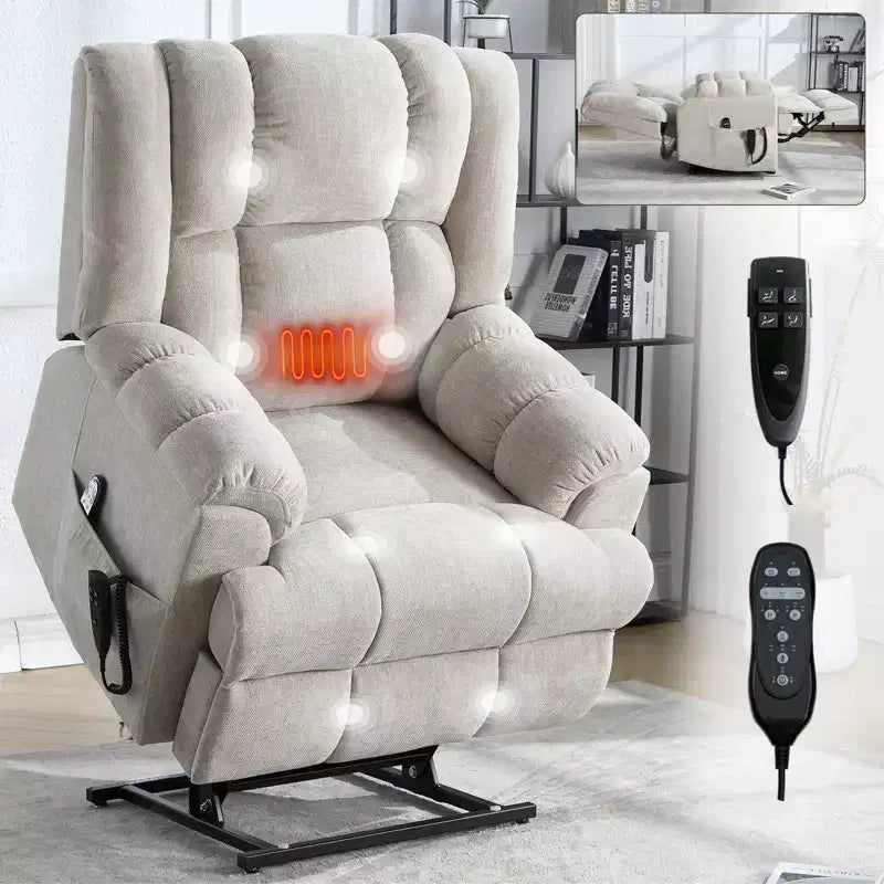 Sillones reclinables con doble motor, masaje térmico, posición infinita, hasta 158 kg, con elevación eléctrica.
