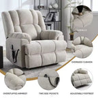 Sillones reclinables con doble motor, masaje térmico, posición infinita, hasta 158 kg, con elevación eléctrica.