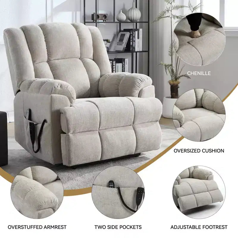 Sillones reclinables con doble motor, masaje térmico, posición infinita, hasta 158 kg, con elevación eléctrica.