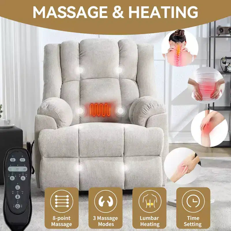Sillones reclinables con doble motor, masaje térmico, posición infinita, hasta 158 kg, con elevación eléctrica.