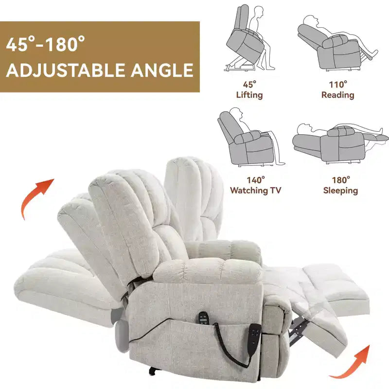 Sillones reclinables con doble motor, masaje térmico, posición infinita, hasta 158 kg, con elevación eléctrica.