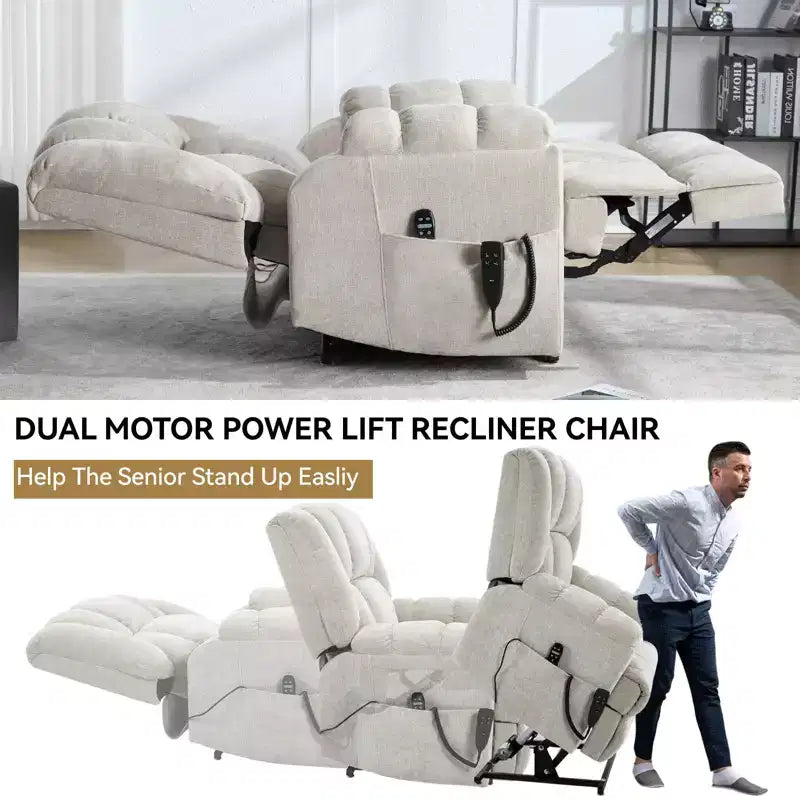 Sillones reclinables con doble motor, masaje térmico, posición infinita, hasta 158 kg, con elevación eléctrica.