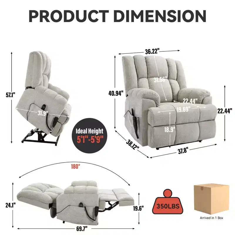 Sillones reclinables con doble motor, masaje térmico, posición infinita, hasta 158 kg, con elevación eléctrica.