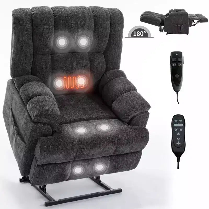 Sillones reclinables con doble motor, masaje térmico, posición infinita, hasta 158 kg, con elevación eléctrica.