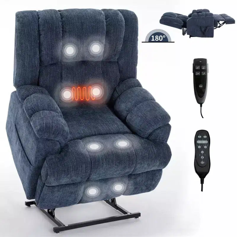 Sillones reclinables con doble motor, masaje térmico, posición infinita, hasta 158 kg, con elevación eléctrica.