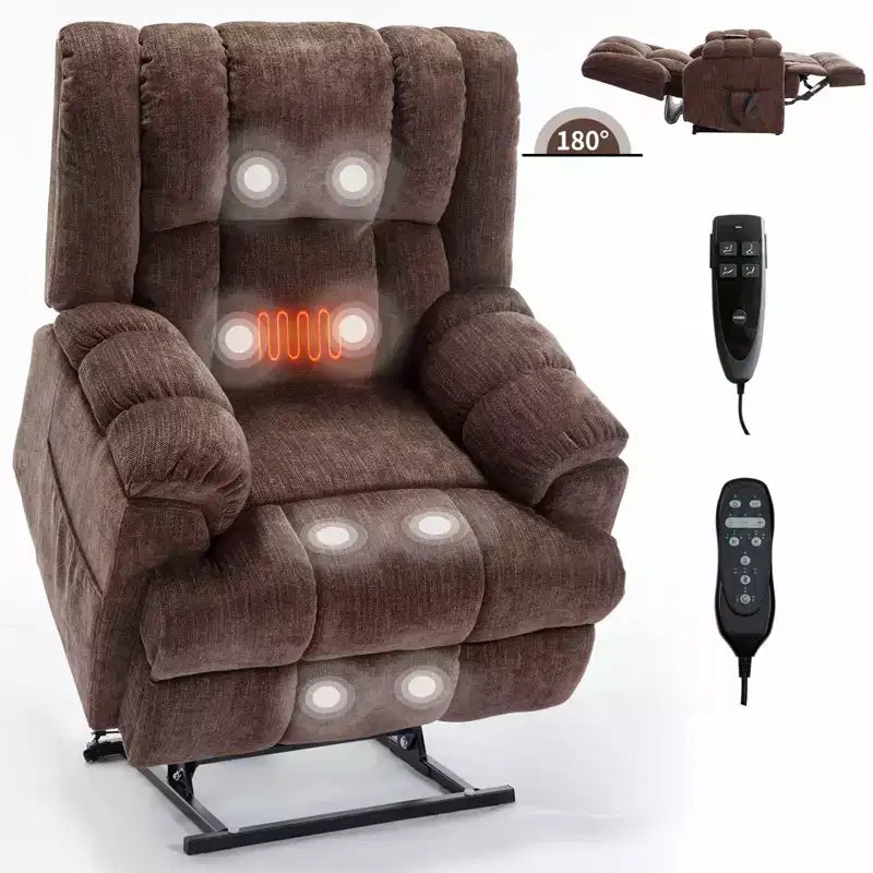 Sillones reclinables con doble motor, masaje térmico, posición infinita, hasta 158 kg, con elevación eléctrica.