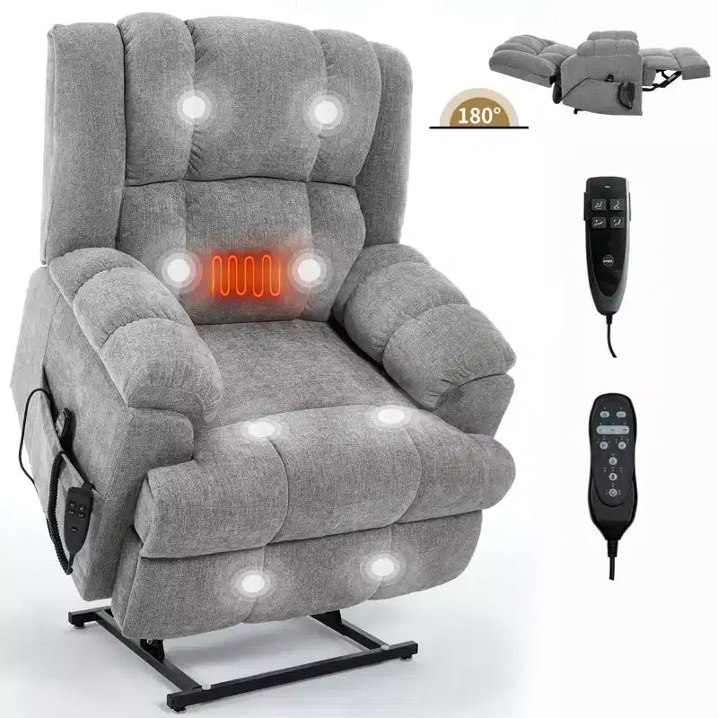 Sillones reclinables con doble motor, masaje térmico, posición infinita, hasta 158 kg, con elevación eléctrica.