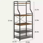 Estante industrial para panaderos de 5 niveles con 2 cestas de rejilla grandes y 8 ganchos - Soporte para microondas de cocina y estantes de almacenamiento para barra de café