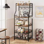Estante industrial para panaderos de 5 niveles con 2 cestas de rejilla grandes y 8 ganchos - Soporte para microondas de cocina y estantes de almacenamiento para barra de café