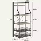 Estante industrial para panaderos de 5 niveles con 2 cestas de rejilla grandes y 8 ganchos - Soporte para microondas de cocina y estantes de almacenamiento para barra de café