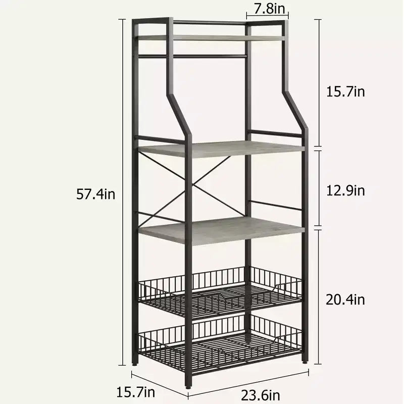 Estante industrial para panaderos de 5 niveles con 2 cestas de rejilla grandes y 8 ganchos - Soporte para microondas de cocina y estantes de almacenamiento para barra de café
